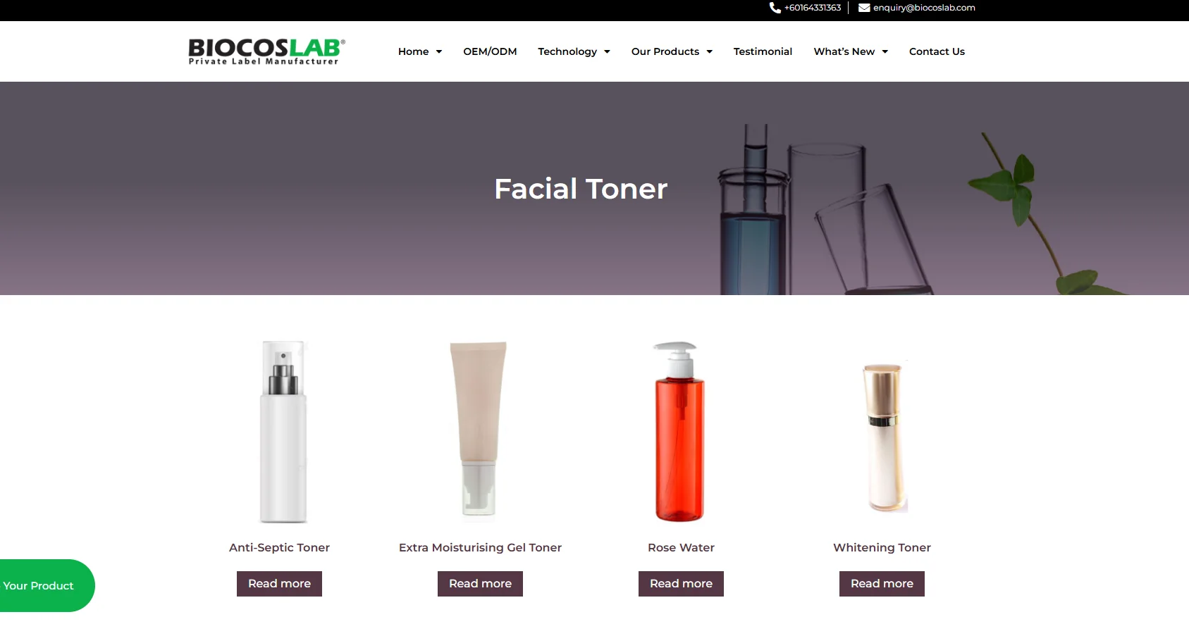 Biocoslab website showcasing various facial toners, including anti-septic toner, extra moisturizing gel toner, rose water, and whitening toner.